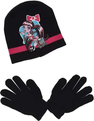 Produktbild von Monster High Girls 2tlg Set Kinder Herbst Wintermütze Bommelmütze Handschuhe – Schwarz / 54