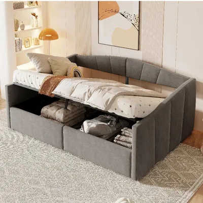 Obrázek produktu pro Postel s úložným prostorem, rozměry 140x200 cm, potah z veluru, barva šedá, s roštovou základnou a područkami. Rozkládací pohovka s hydraulickým zvedacím systémem, vhodná do ložnice