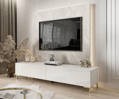 Produktbild von lukmebel TV-Schrank COLETTE IV, Weiß Hochglanz, 175 cm, mit LED-Beleuchtung, PUSH-OPEN, zwei Nischen, aus 16 mm matt laminierter Platte, mit goldfarbenen Kunststoffbeinen, modern