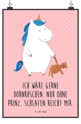 Produktbild von Mr. & Mrs. Panda Bild Einhorn Teddy DIN A3 - Rot Pastell - Geschenk, Plakat, wanddeko, drucke, Bett, schlafen, Gute Nacht, Einhörner, Posterdruck, Freundin, Wandbild