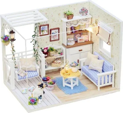 Produktbild von Habarri | Miniaturhaus - DIY-Puppenhaus - Holzhaus mit Möbeln und LED-Beleuchtung - Geschenk für Kinder - Veilchenveranda