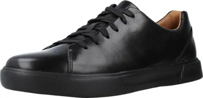 A black leather sneaker for men is shown from a side angle against a white background.