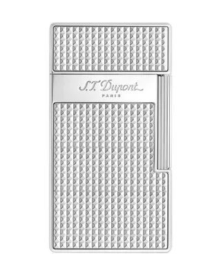 A silver S.T. Dupont lighter with a diamond-patterned texture.