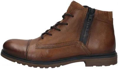 A side view of a brown leather boot.