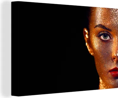Produktbild von OneMillionCanvasses® - Leinwandbilder - 140x90 cm, Make-up - Gold - Frau - Luxus - Glitzer - Kunst, Wandbilder Kunstdruck Wanddekoration - Foto auf Leinwand - Gemälde auf Holzrahmen
