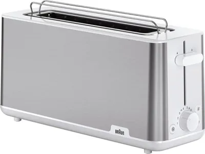A studio shot of a silver and white toaster.