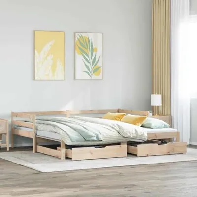 Imagen del producto de Cama nido extensible de 90x190 cm con cajones | Fabricada en madera maciza de pino, sofá y cama 2 en 1, incluye somier, ideal como cama de invitados