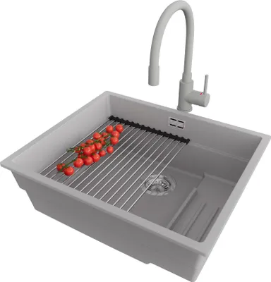 Produktbild von PRIMAGRAN Unterbauspüle Granit Grau 56x47cm, Spülbecken 1 Becken + Ablauf-Set + Küchenzubehörset, Granitspüle ab 60er Unterschrank - Praga