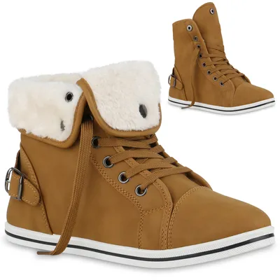 Produktbild von VAN HILL Damen Warm Gefüttert Sneaker High Bequem Schnürer Schnallen Schuhe 840858, Farbe: Hellbraun, Größe: 37