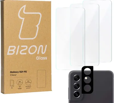 A product shot showing the packaging for screen protectors and a close-up of a phone's camera module.