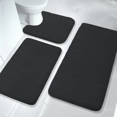 Produktbild von 3-teiliges Badematten-Set aus Memory-Schaum, waschbar, weich und schnelltrocknend, rutschfest und saugfähig, Badematte für Dusche, Toilette und Badewanne (schwarz)