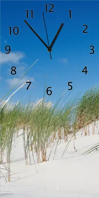 Produktbild von Wallario Design Wanduhr Düne am Strand unter blauem Himmel aus Echtglas, Größe 30 x 60 cm
