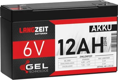 Produktbild von Langzeit Akku 6V 12AH GEL Batterie Bleiakku PEREGO Kinderauto Elektroauto Blei Gelakku