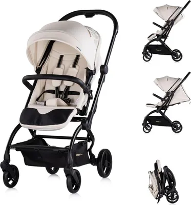 A product image collage showing a stroller from different angles and folded.