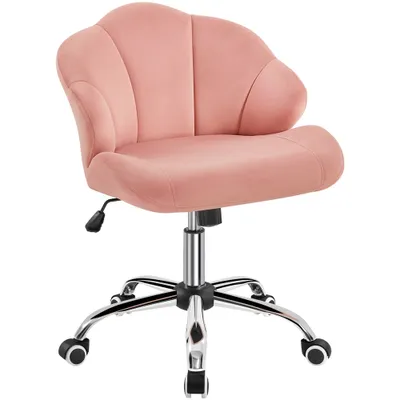 A pink office chair with a shell-shaped back and a chrome base with wheels, shown against a white background.