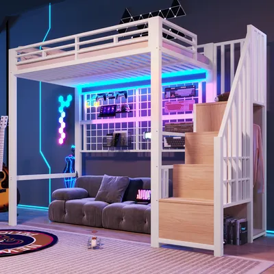 Image de Lit mezzanine 90x200 cm avec armoire, échelle de rangement, grille suspendue et éclairage LED 7 couleurs, lit en métal avec espace de rangement sous le lit, blanc