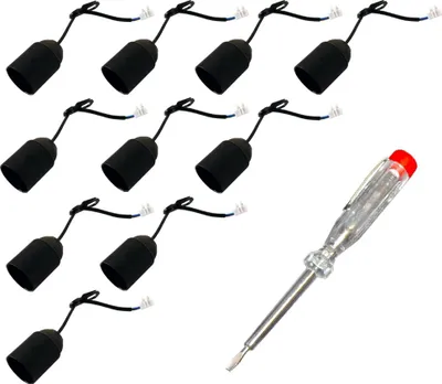 Produktbild von 10 x Baufassung Lampenfassung Renovierfassung Fassung E27 schwarz + Phasenprüfer