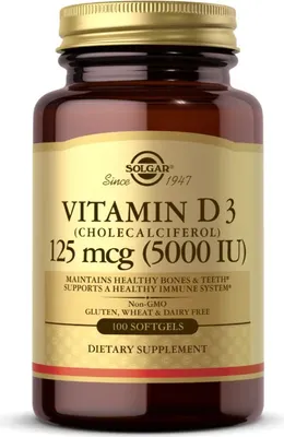 Produktbild von Vitamin D3 (Cholecalciferol) 125 mcg (5.000 IU) 100 Weichkapseln Solgar