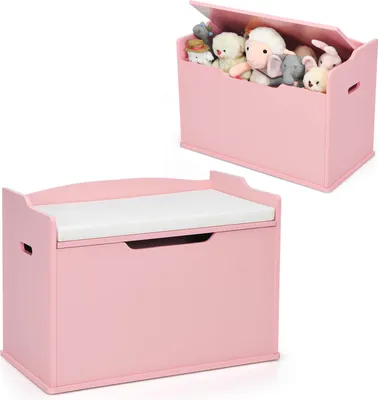 Produktbild von DREAMADE Spielzeugkiste mit Deckel, Kinderbank mit Kissen, Spielzeugtruhe Kindertruhe, Aufbewahrungsbox Kinder 74 x 39 x 52 cm für Kinderzimmer Spielzimmer (Rosa)