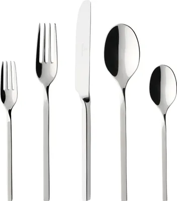 A set of five stainless steel cutlery pieces arranged in a line against a white background.