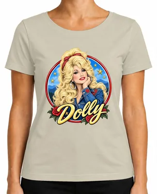 Zdjęcie produktu dla Damska koszulka z nadrukiem przedstawiającym Dolly Parton, ikony country muzyki, w stylu westernowym. Kolor: naturalny. Rozmiar: M