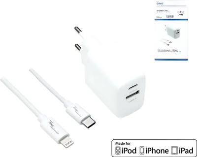 Produktbild von DINIC 20W USB C+A Schnellladegerät inkl. USB-C auf Lightningkabel, weiß