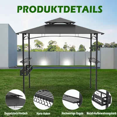 Produktbild von XMTECH BBQ-Pavillon 244 x 153 x 250 cm Anthrazit Stahl Grill Pavillon Wasserdicht Stabil Winterfest mit Doppelschichtdach, Dunkelgrau