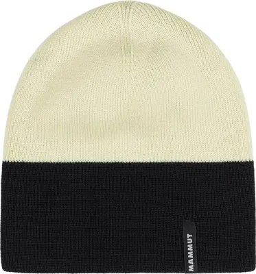 Zweifarbige Mütze in Creme und Schwarz mit Mammut-Logo auf dem schwarzen Teil