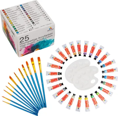 Produktbild von Tritart Acryl-Farben-Set mit 12 Pinsel und 2 Mischpaletten HOCHPIGMENTIERT | 25 x 22ml Malfarben Tuben | Acrylic Paint