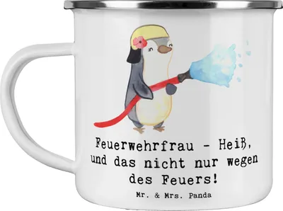 Produktbild von Mr. & Mrs. Panda Emaille Tasse Feuerwehrfrau Heiß - Weiß - Geschenk, Blechtasse, Anerkennung, Hingabe, Motivtasse, Kraft, becher, Berufsprodukte, Beruf, Brände löschen
