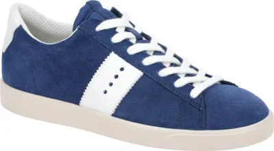 A single blue and white sneaker is shown against a white background.