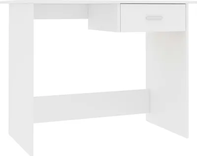 A white desk with a single drawer against a white background.