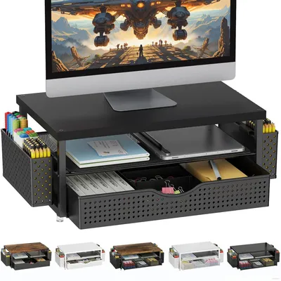Produktbild von Monitorständer mit Schublade, 2-stufige Monitorerhöhung, Schreibtischorganizer, Holz Schwarz
