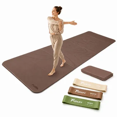 Productafbeelding van FunLife Opvouwbare yogamatset met 3 weerstandsbanden, 10 mm fitnessmat met antislip oppervlak, opvouwbare gymnastiekmat voor yoga, Pilates en training, kleur: caramel, AI-gegenereerde afbeelding