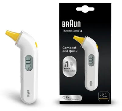 Produktbild von Braun ThermoScan 3, Kontakt, Weiß, Ohr, °C, °F, 34 - 42,2 °C, 1 s