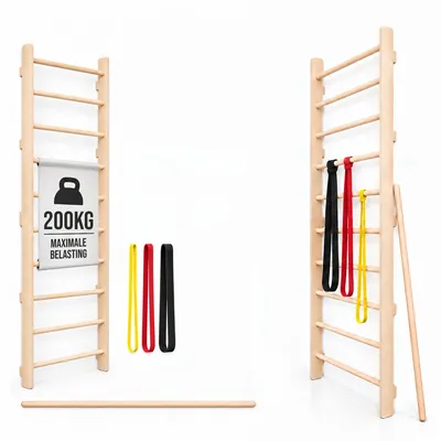 Immagine prodotto di MAMOI Spalliera svedese per casa con elastici e bastone da allenamento, Spalliera fitness a parete con bande elastiche e bastone