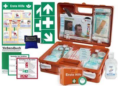 Produktbild von Erste-Hilfe-Koffer M1 -Komplettpaket - mit "Notfallbeatmungshilfe" für Betriebe -aktuelle DIN/EN 13157 inkl. Hygiene-Gel, 1. Hilfe Plakat +Aufkleber