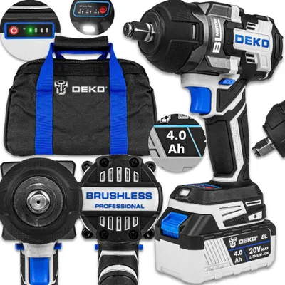 A collage of images showcasing a cordless impact wrench and its accessories.