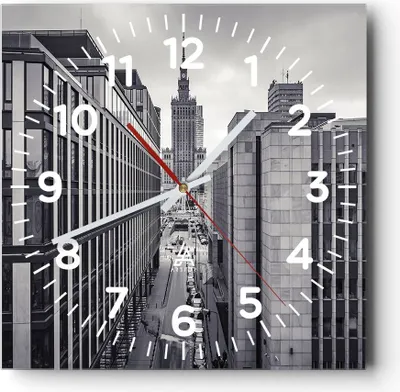Produktbild von Wanduhr - Quadrat - Glasuhr - Warschau Palast Kultur - 30x30cm - Schleichendes Uhrwerk - Lautlos - zum Aufhängen bereit - Dekoration Modern - Wanddekoration aus Glas - C4AC30x30-4382