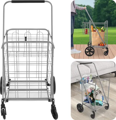 Produktbild von Doppelter Einkaufswagen, Schwerlast-Einkaufswagen, Einkaufswagen mit Rädern, Silber