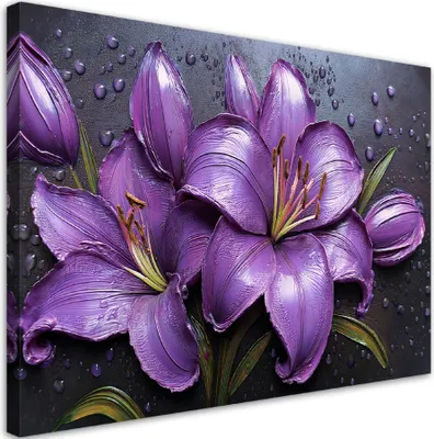 Produktbild von Leinwandbild Lila Lilien Blumen Tautropfen 120x80 Feeby Violett bild für die wand bereit zum aufhängen