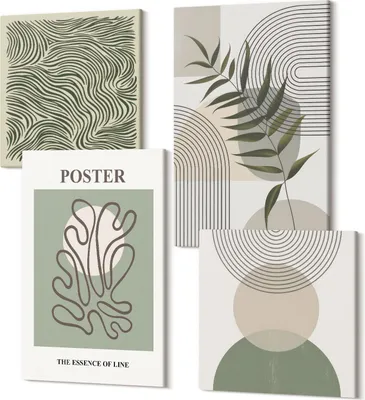 Produktbild von Leinwandbild Set 4-teilig – Modernes Wandbild – Polycanvas Kunstdruck – Abstrakte Bilder – Hochwertige Wandkunst – 2x 40x40 cm + 2x 40x60 cm – Poster mit geometrischen abstrakten botanischen Mustern