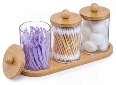 Immagine prodotto di Solidchoice - Porta Cotone fioc con coperchio in bambù - Set da 3 pezzi