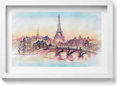 Produktbild von Gemalte Ansicht von Paris– Wandbild mit Rahmen – Gerahmtes Bild  – Wanddekoration – 30x20 cm –  Weiß Rahmen