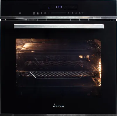 A front view of a black built-in oven with the door open, showing the interior with racks.
