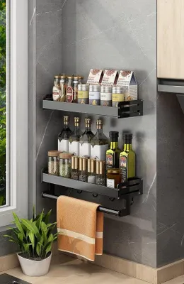 Immagine prodotto di Set di portaspezie da 2 pezzi, 40 cm, acciaio inossidabile, nero, cucina, montaggio a parete