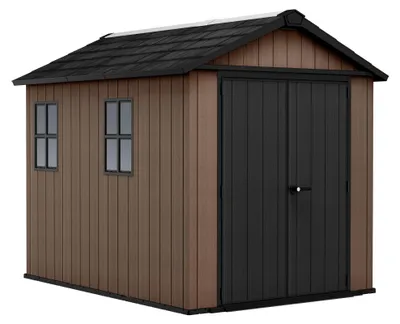 Immagine prodotto di Newton + 759/975 - Casetta da Giardino 287x246z230 cm 2 Ante per deposito attrezzi finitura effetto legno Evotech+ in Resina Marrone e Nero