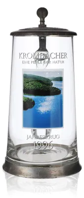 Produktbild von Krombacher Bierglas Jahreskrug 1996 Glas Gläser Seidel Zinndeckel 0,9l Krug
