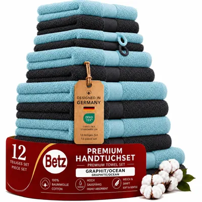 Produktbild von Betz Premium Handtuch-Set 12-teilig –100% Baumwolle – ®  –hohe Grammatur – Duschtücher, Handtücher, Gästetücher,WH graphit / ocean, KI-generiertes Bild