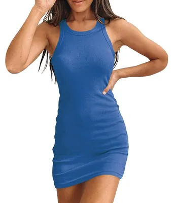 Produktbild von Ärmelloses kurzes Damenkleid mit Rundhalsausschnitt, figurbetont, einfarbig, Sommerkleid mit Hüftwickel, blau, Größe L